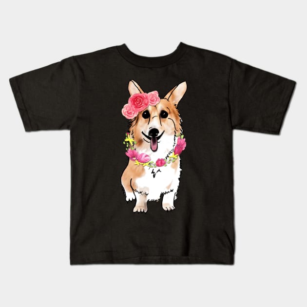 Happy Cute Corgi Dog with Roses Tulips Kids T-Shirt by LizzyizzyDesign